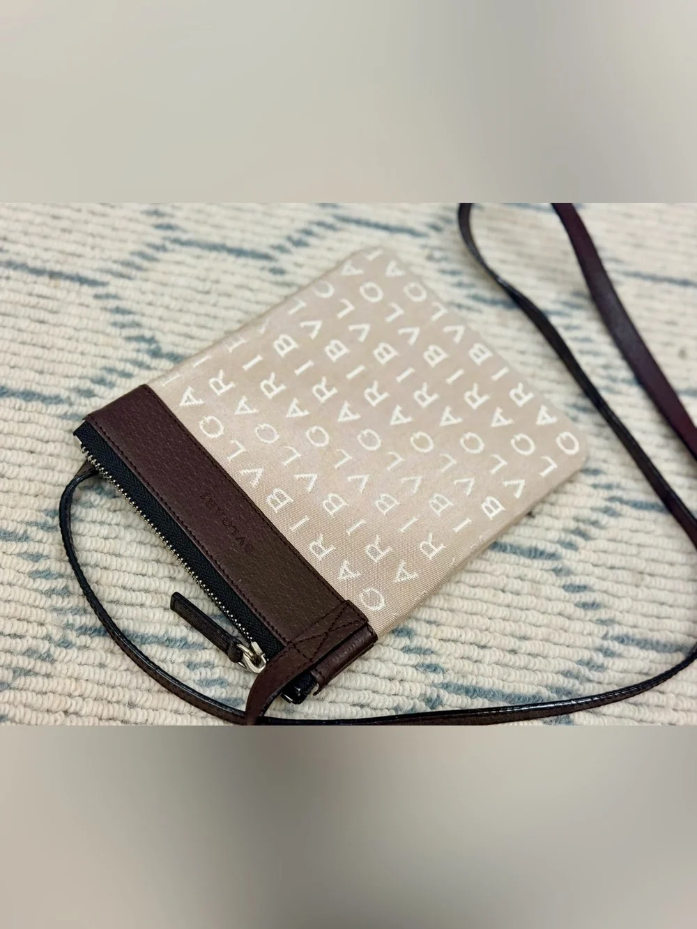 BVLGARI Unisex Rare Logomania Beige Leather Canvas Flat Pouch Crossbody Bag